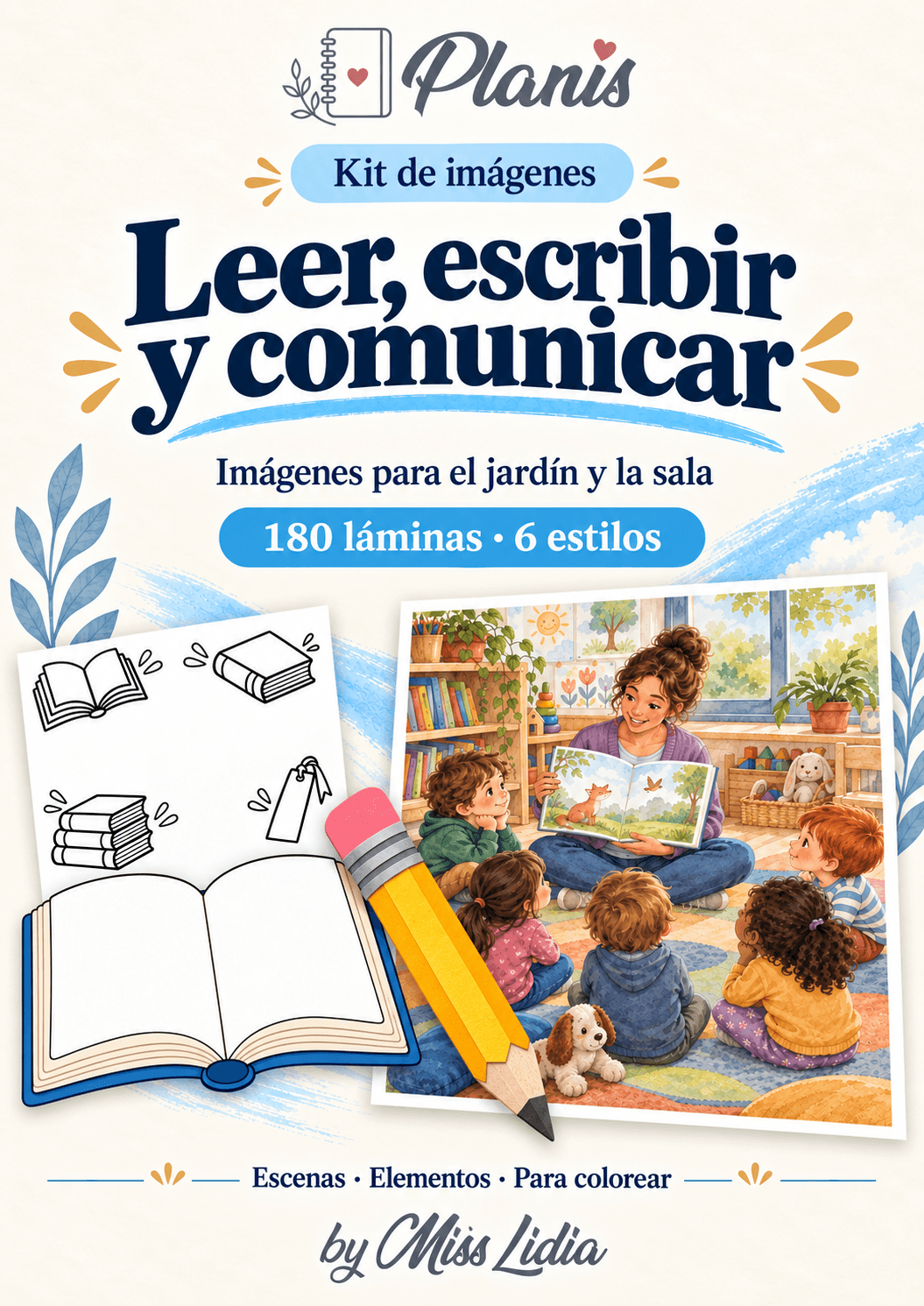 Portada del kit Leer, escribir y comunicar, con una selección de sus escenas y elementos.
