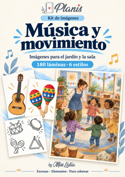 Portada del kit Música y movimiento, con una selección de sus escenas y elementos.