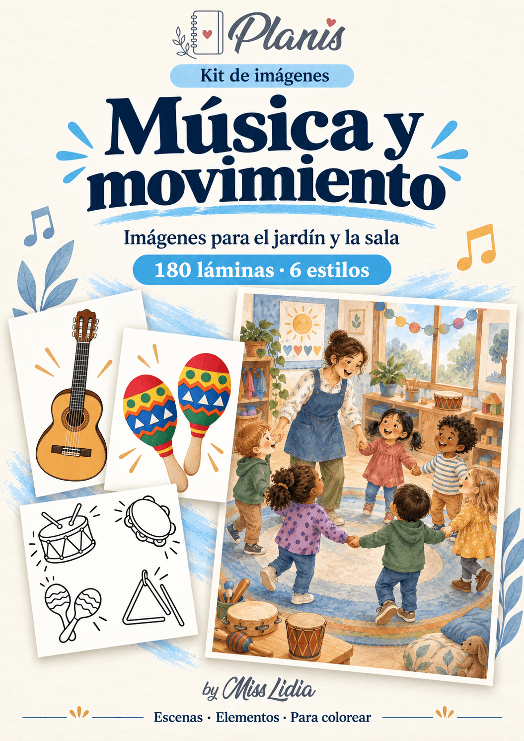 Portada del kit Música y movimiento, con una selección de sus escenas y elementos.