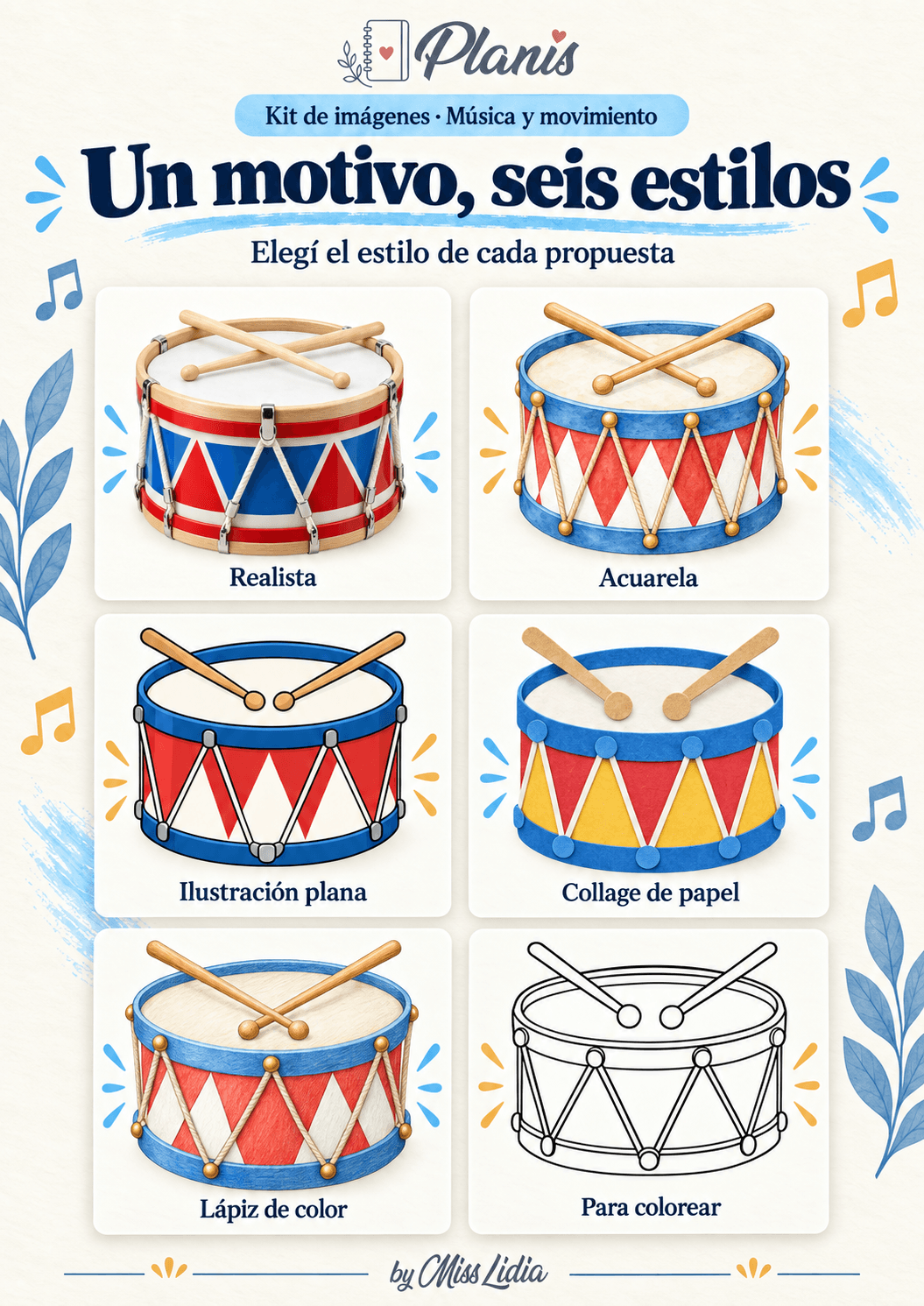 Un motivo, seis estilos: Música y movimiento Comparación de un motivo en los seis estilos del kit de Música y movimiento.