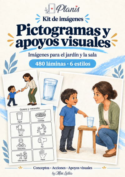 Portada del kit Pictogramas y apoyos visuales, con una selección de sus escenas y elementos.