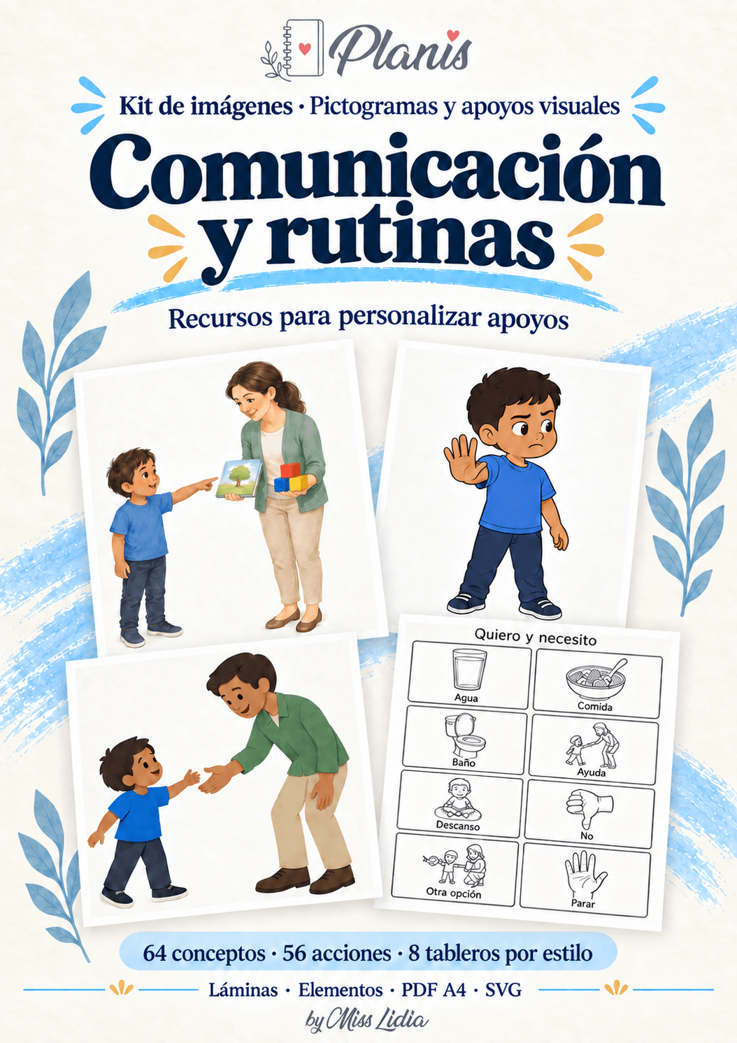 Un kit, muchas posibilidades: Pictogramas y apoyos visuales Vista de los distintos recursos y formatos incluidos de Pictogramas y apoyos visuales.