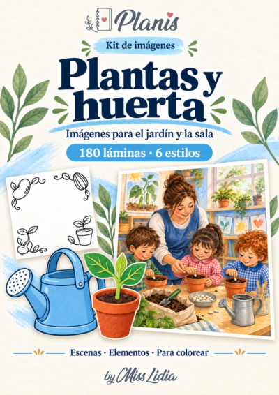 Portada del kit Plantas y huerta, con una selección de sus escenas y elementos.