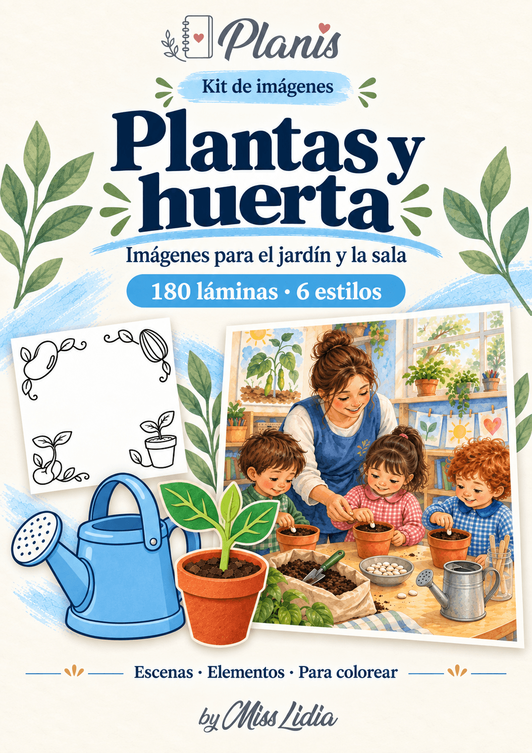 Portada del kit Plantas y huerta, con una selección de sus escenas y elementos.