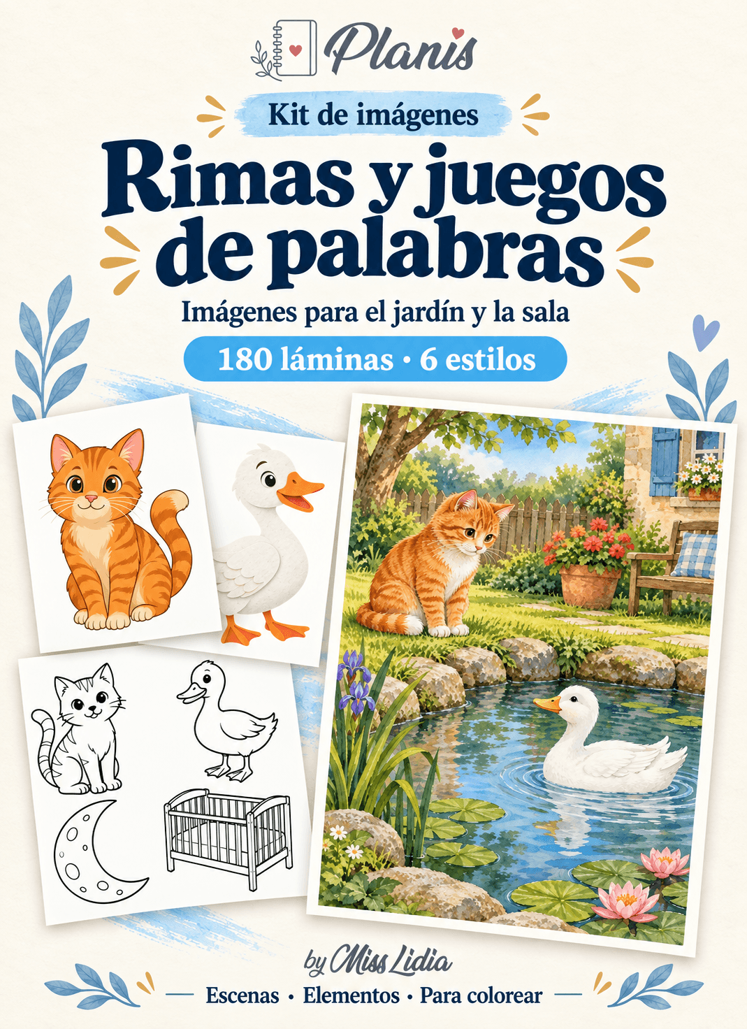 Portada del kit Rimas y juegos de palabras, con escenas y elementos de la colección.