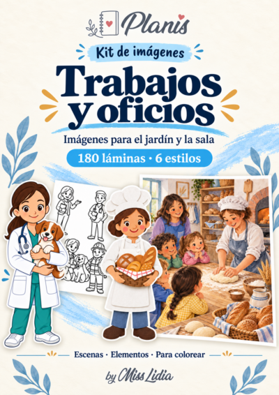 Portada del kit Trabajos y oficios, con una selección de sus escenas y elementos.