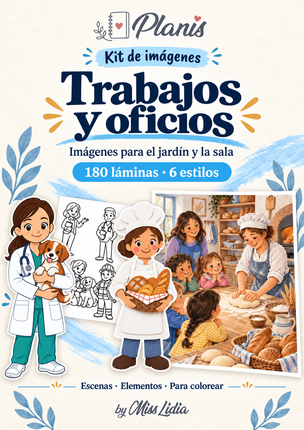 Portada del kit Trabajos y oficios, con una selección de sus escenas y elementos.