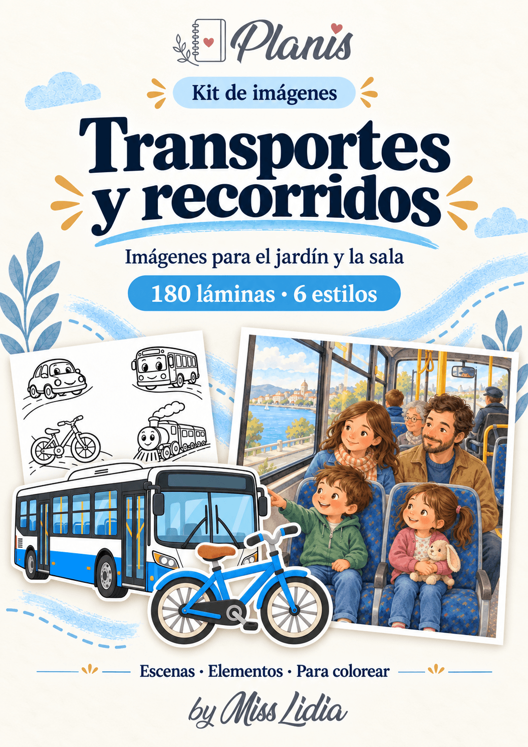 Portada del kit Transportes y recorridos, con una selección de sus escenas y elementos.