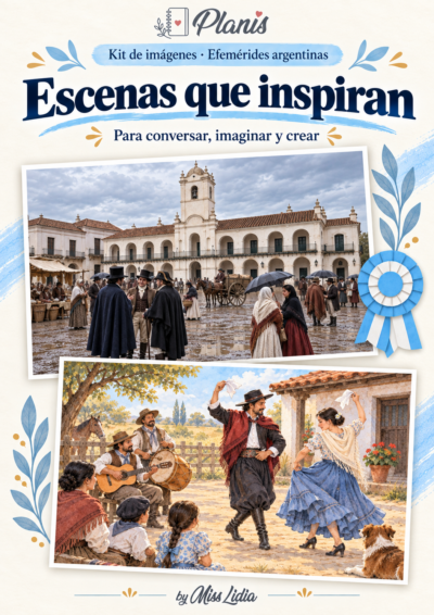 Escenas del Cabildo y de un encuentro de tradición del kit de Efemérides argentinas.