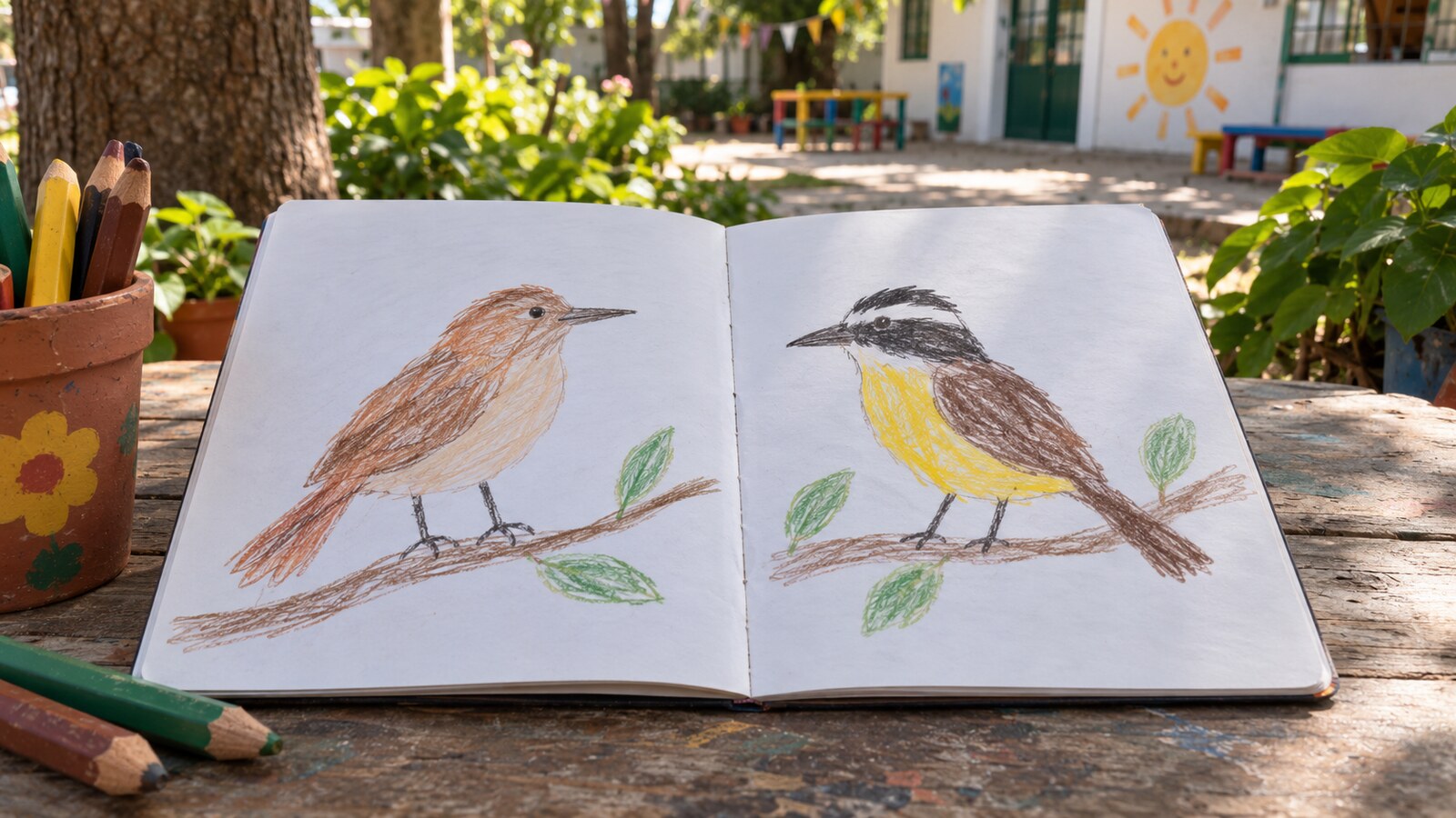 Cuaderno de dibujos y materiales para registrar las observaciones de aves del jardín