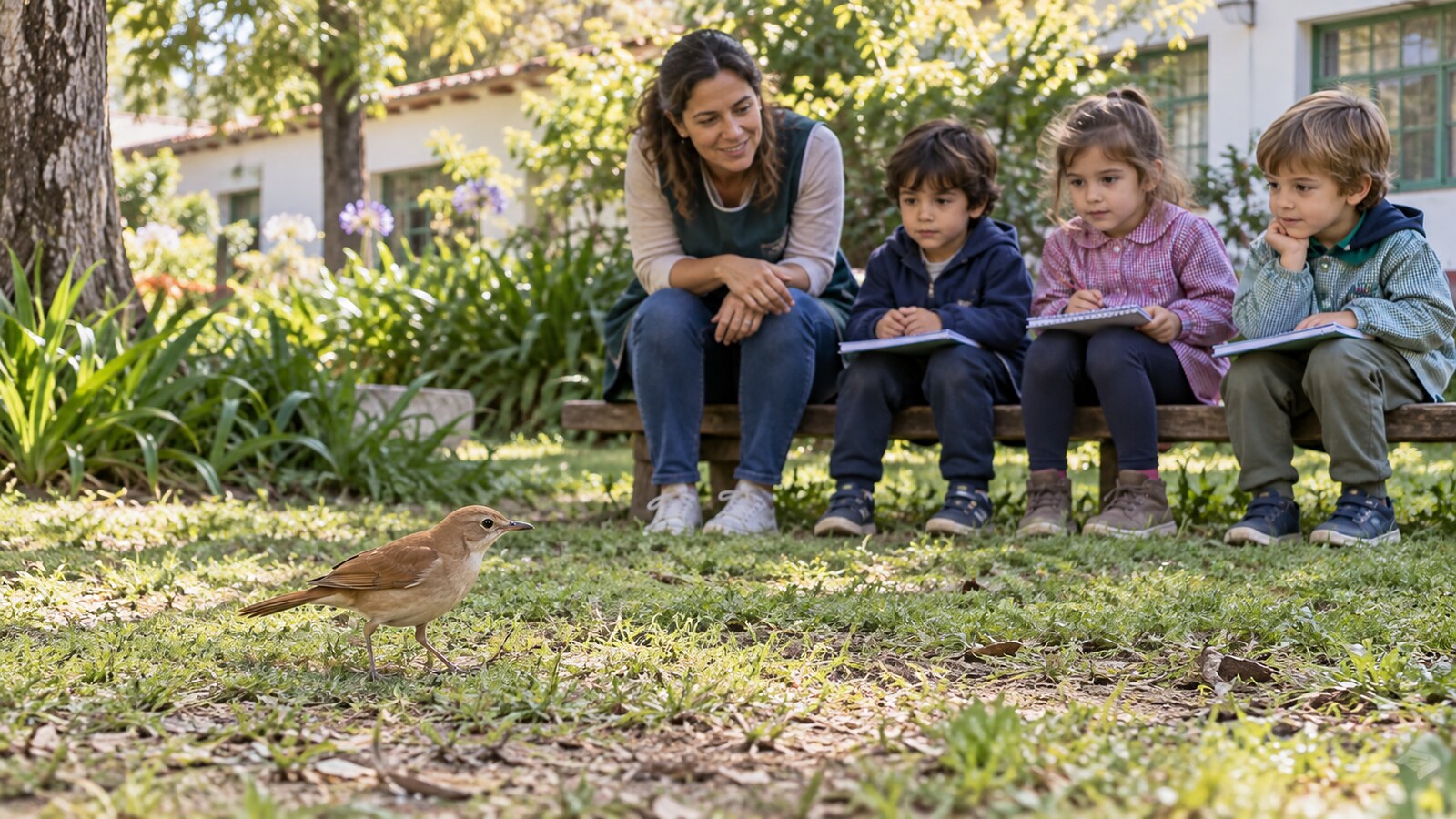 Docente y niños observan a distancia un ave en el patio del jardín Docente y niños observan a distancia un ave en el patio del jardín
