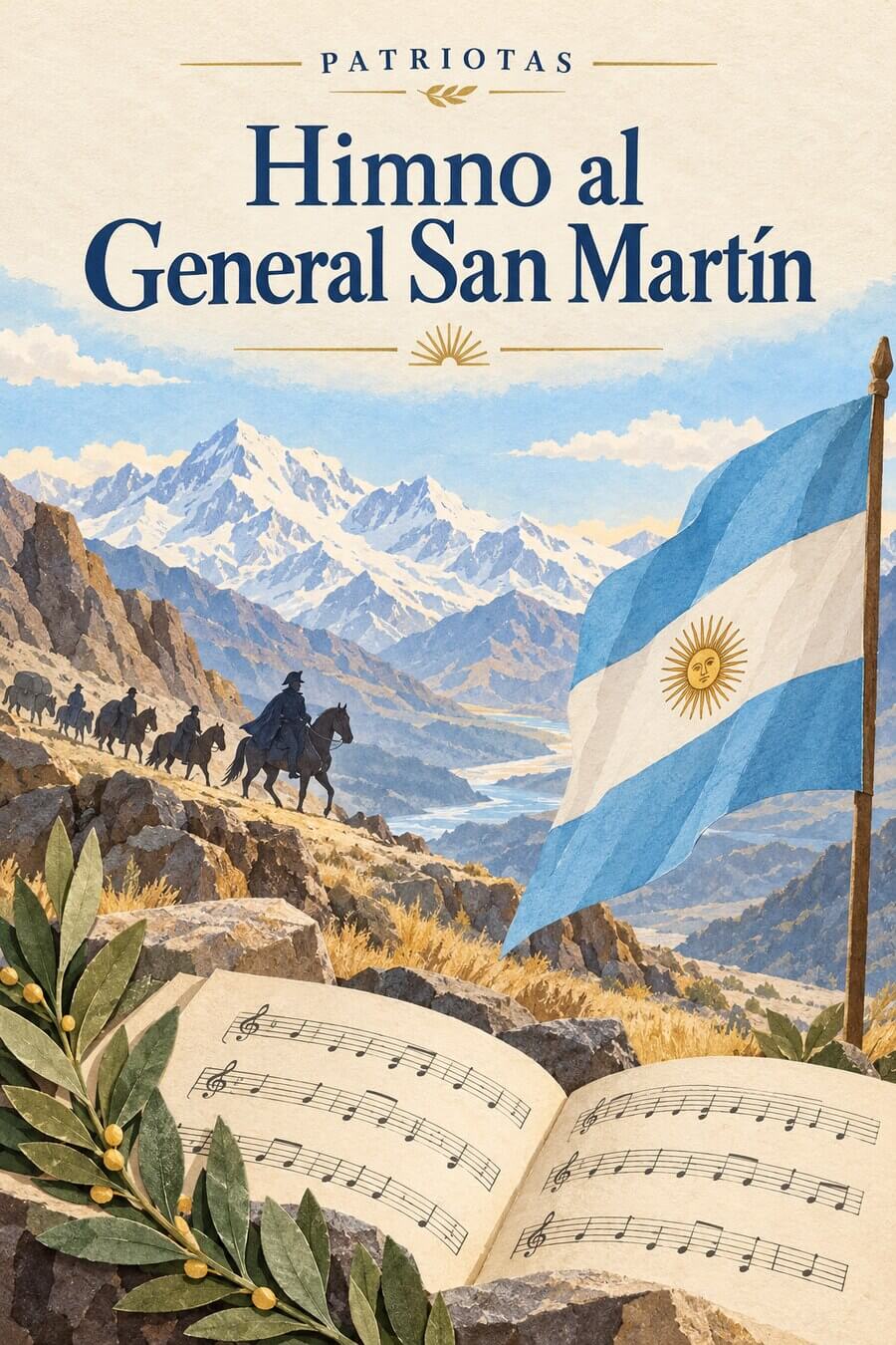 Himno al General San Martín: ilustración representativa de los Andes, un paso de montaña, bandera argentina y partitura.