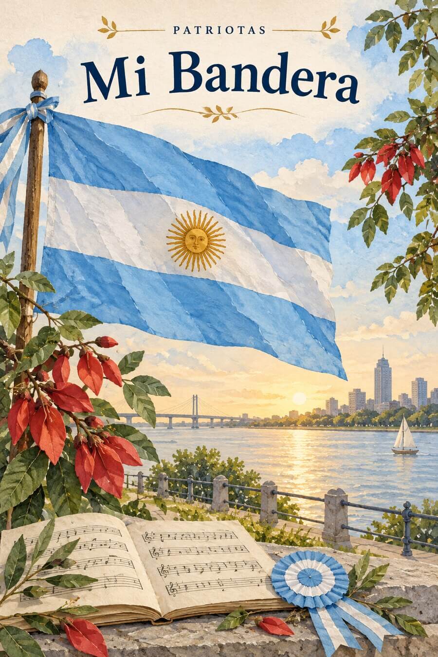 Mi Bandera: ilustración representativa de la bandera argentina junto al río Paraná, flores de ceibo, escarapela y partitura.