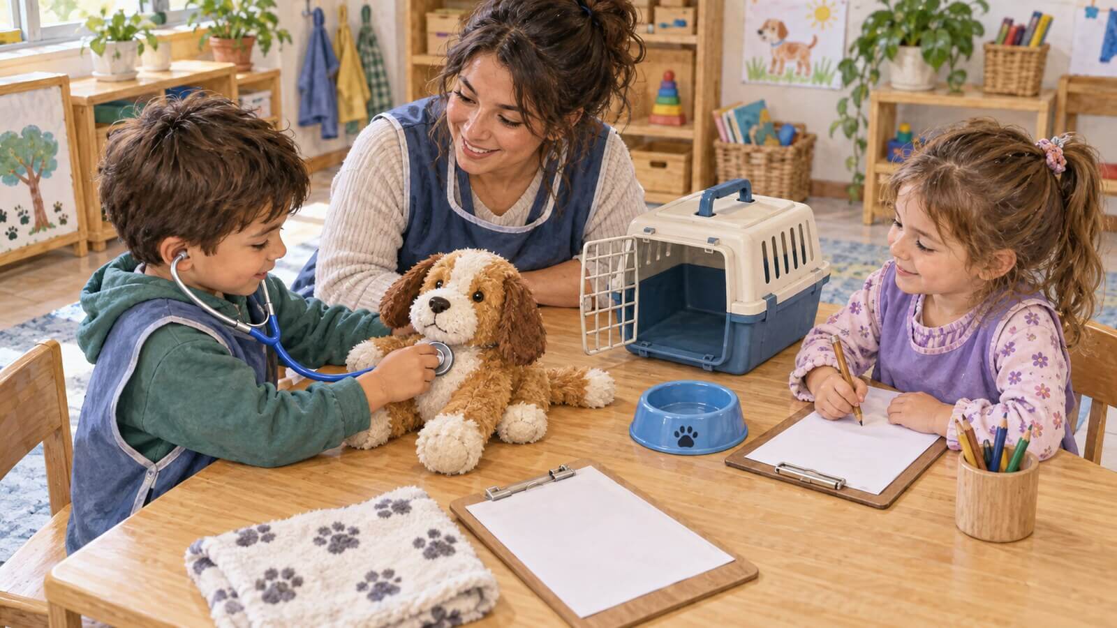 Escena ilustrada de juego de veterinaria con un perro de peluche, una docente y dos chicos