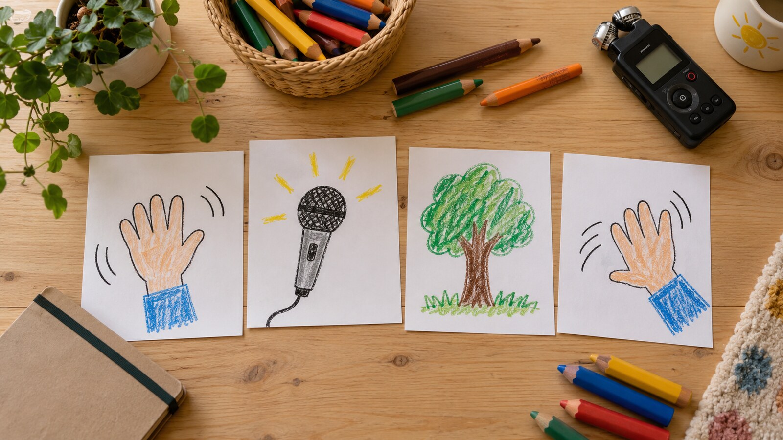 Tarjetas ilustradas y grabador para organizar las partes de un programa de la radio de la sala