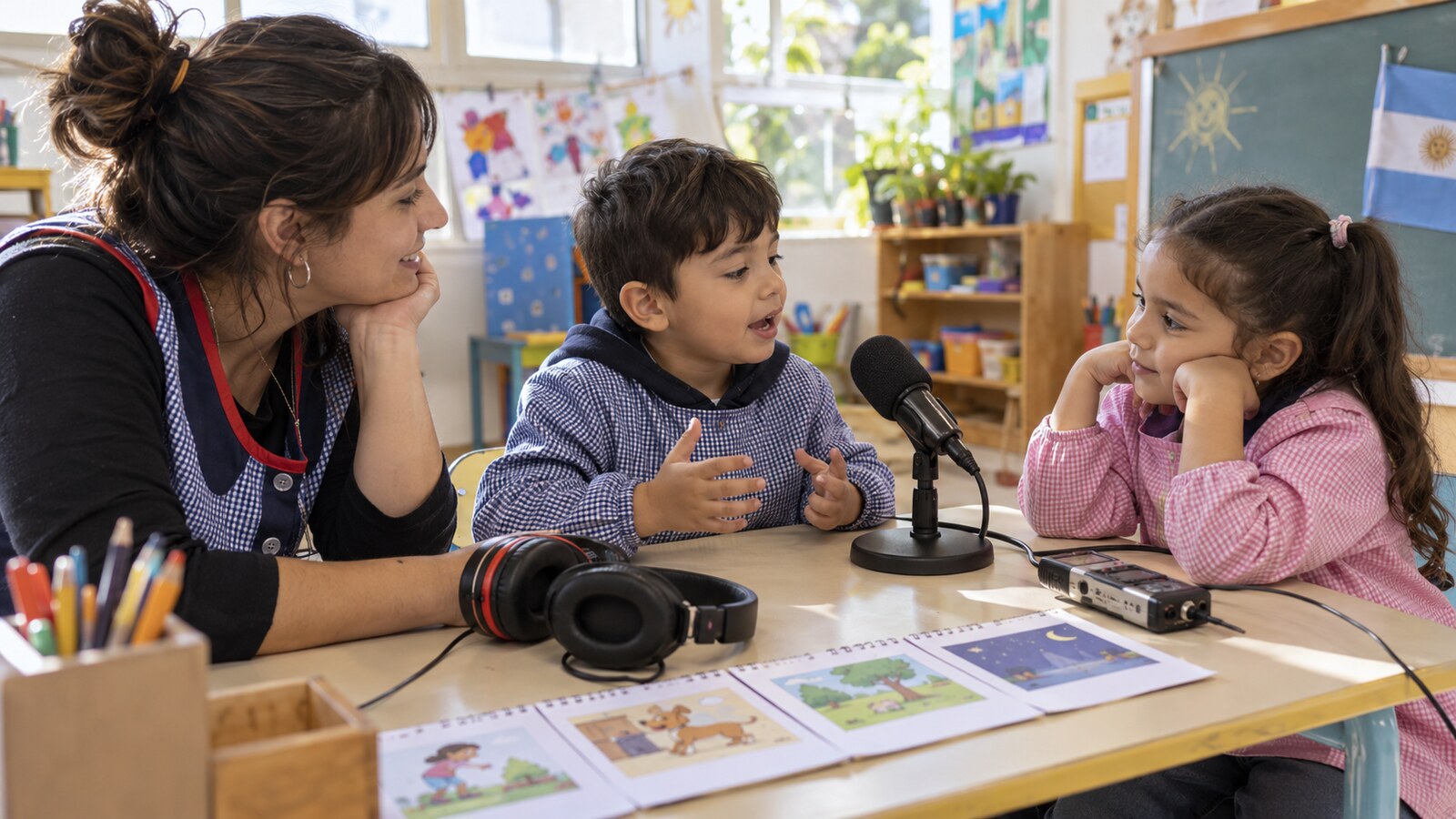 Docente y niños organizan una entrevista en la radio de la sala Docente y niños organizan una entrevista en la radio de la sala