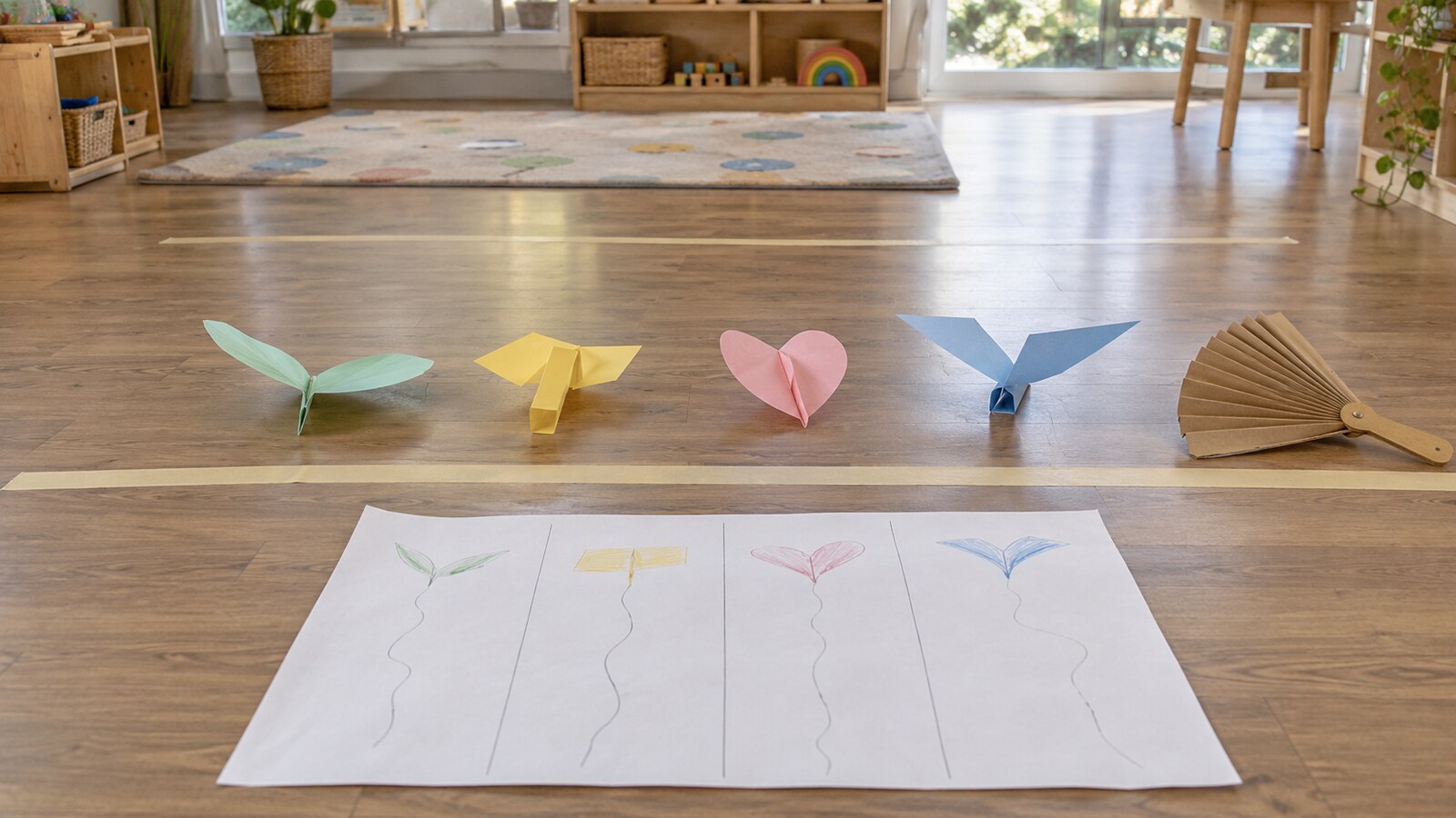 Modelos grandes de papel y abanico de cartón para comparar desplazamientos por el aire en la sala
